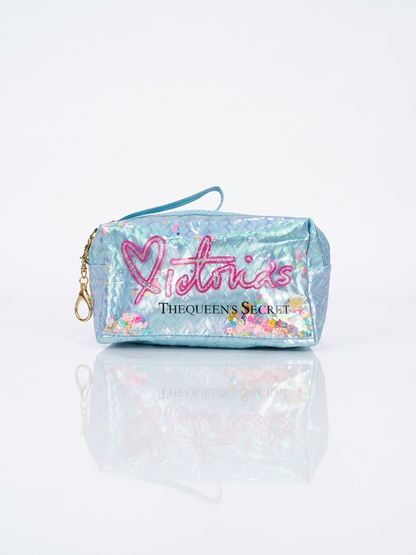 Iridescent woven makeup pouch in light blue with pink heart logo, top zipper and strap