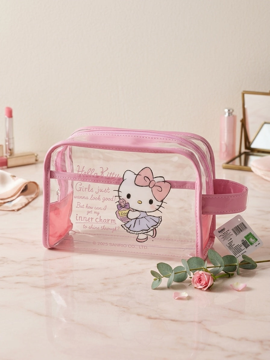 Hello Kitty clear cosmetic pouch with pink zipper, character print, small wrist strap