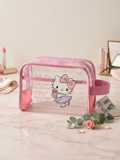 Hello Kitty clear cosmetic pouch with pink zipper, character print, small wrist strap