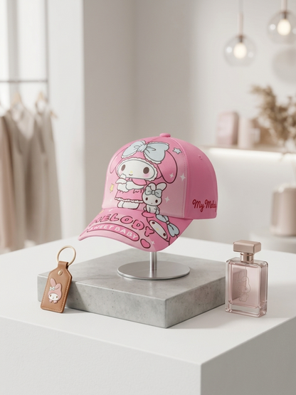 Pink kids baseball cap with bunny character graphic on front and MELCODY SWEET BABY text