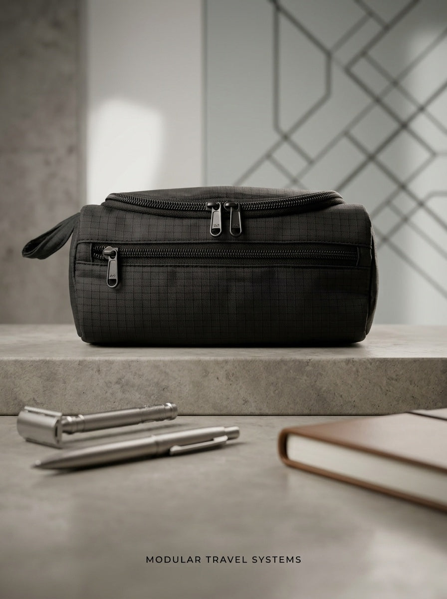 Black ripstop travel toiletry bag, rounded case with dual zippers and front pocket