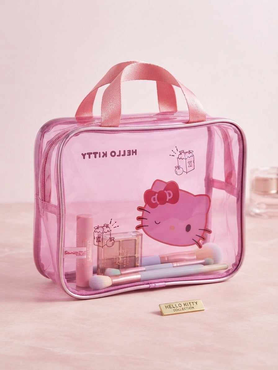 Clear pink cosmetic bag with Hello Kitty face graphic and top handle
