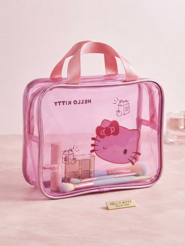 Clear pink cosmetic bag with Hello Kitty face graphic and top handle