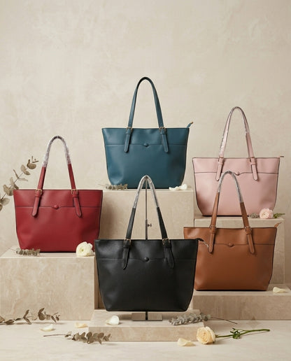 Pebbled faux leather pocket tote bag set with buckle straps, 5 colors shown