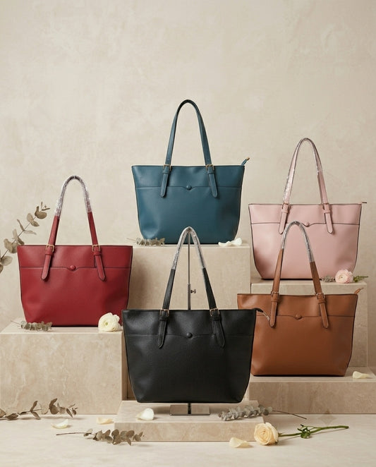 Pebbled faux leather pocket tote bag set with buckle straps, 5 colors shown