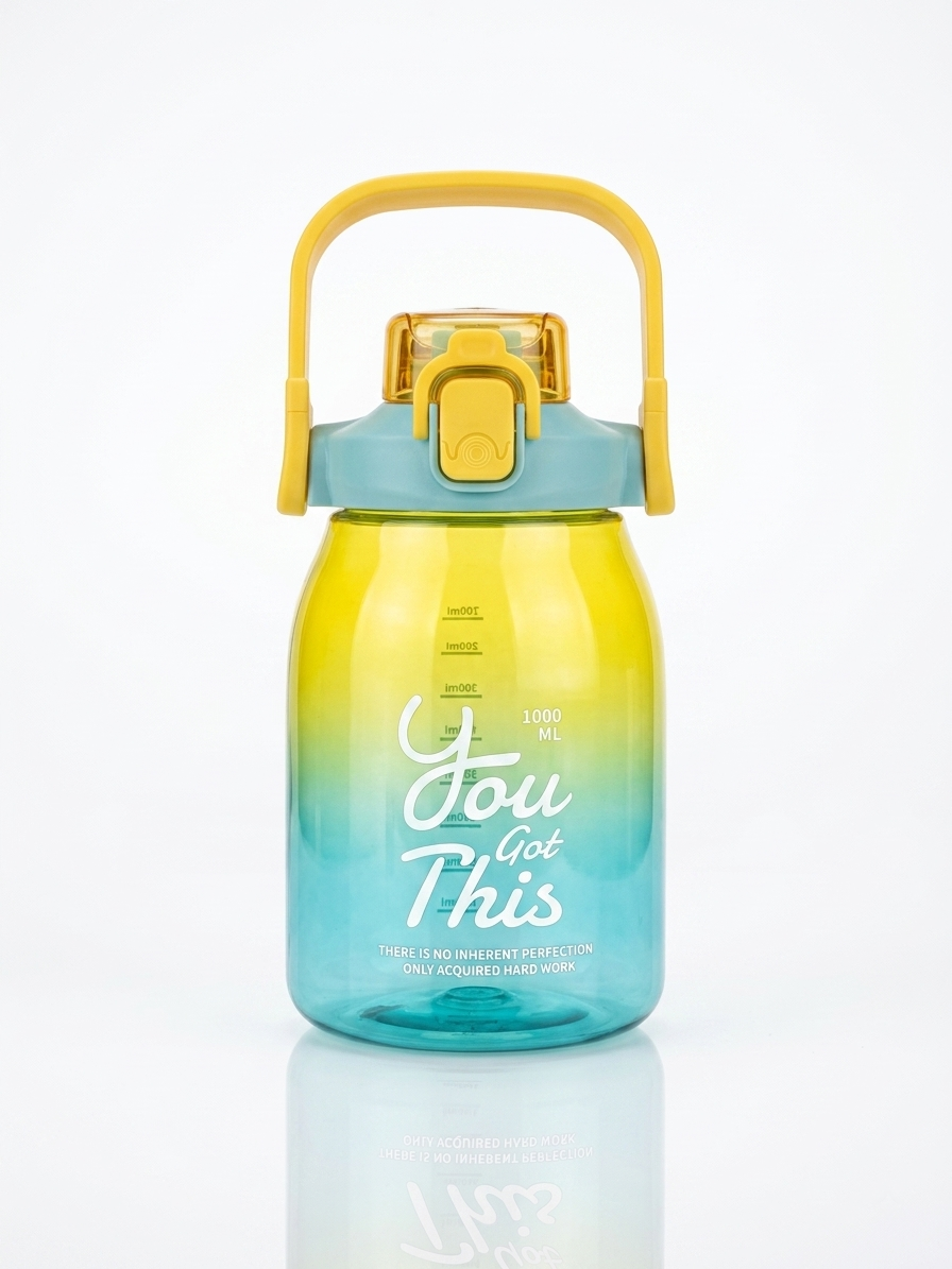 1L gradient water bottle in yellow and aqua with flip lid and "You Got This" print.