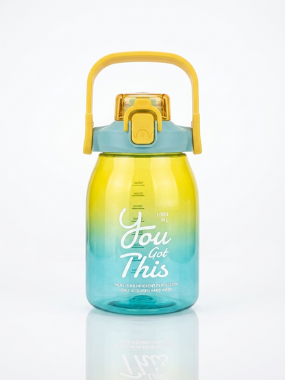 1L gradient water bottle in yellow and aqua with flip lid and "You Got This" print.
