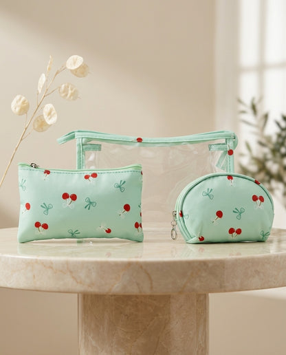 Mint green cherry-print pouch set: small zip pouch, mini round pouch, and clear bag