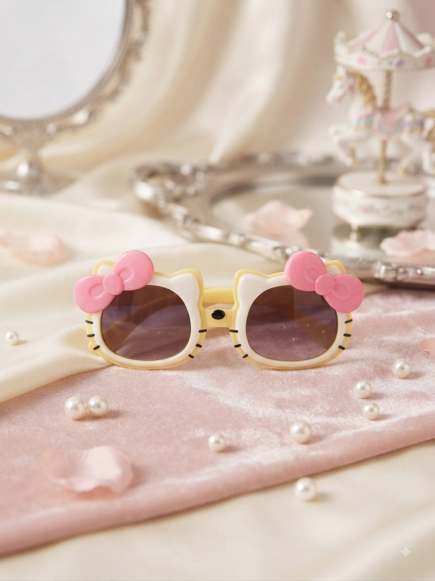 Kids cat-style sunglasses with dark lenses, yellow frame, and pink bow accents