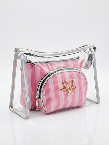Transparent cosmetic bag set with pink striped zip pouch and silver zipper pull tab