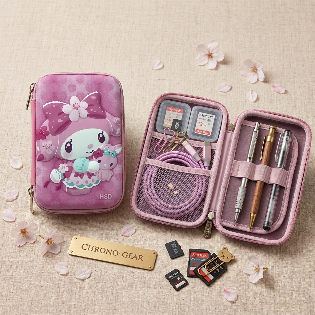 Pink My Melody hardtop multi-compartment organizer case with zipper and open storage