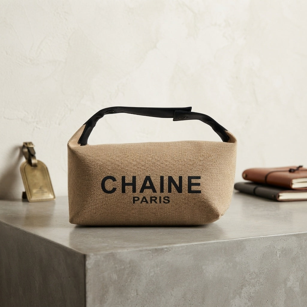 Minimalist canvas cosmetic pouch, beige with CHAIN PARIS logo and black handle