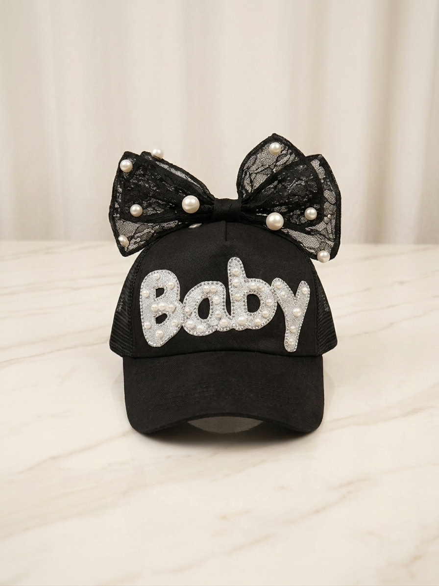 Kids black trucker cap with rhinestone 'Baby' and black pearl bow