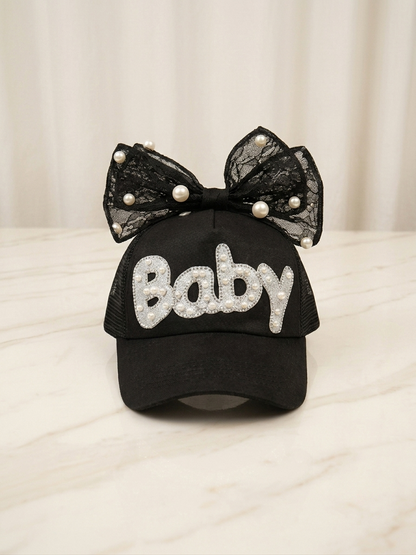 Kids black trucker cap with rhinestone 'Baby' and black pearl bow