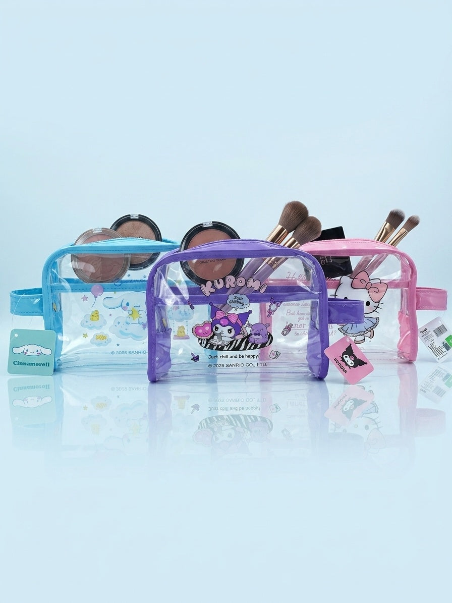 Clear cosmetic pouches set: blue Cinnamoroll, purple Kuromi, pink Hello Kitty, with straps