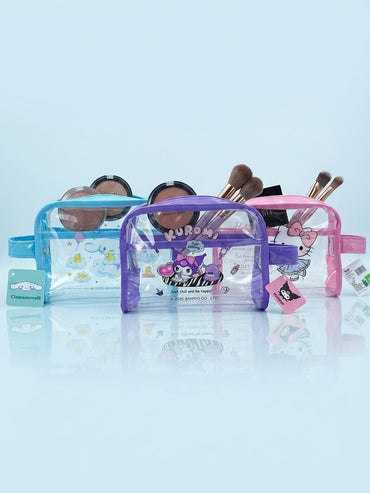 Clear cosmetic pouches set: blue Cinnamoroll, purple Kuromi, pink Hello Kitty, with straps