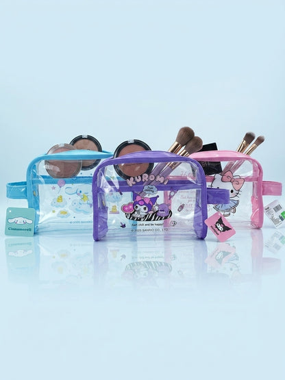 Clear cosmetic pouches set: blue Cinnamoroll, purple Kuromi, pink Hello Kitty, with straps
