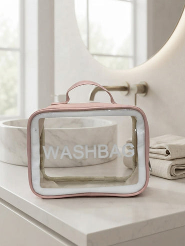 Pink transparent waterproof travel wash bag with handle, clear front window