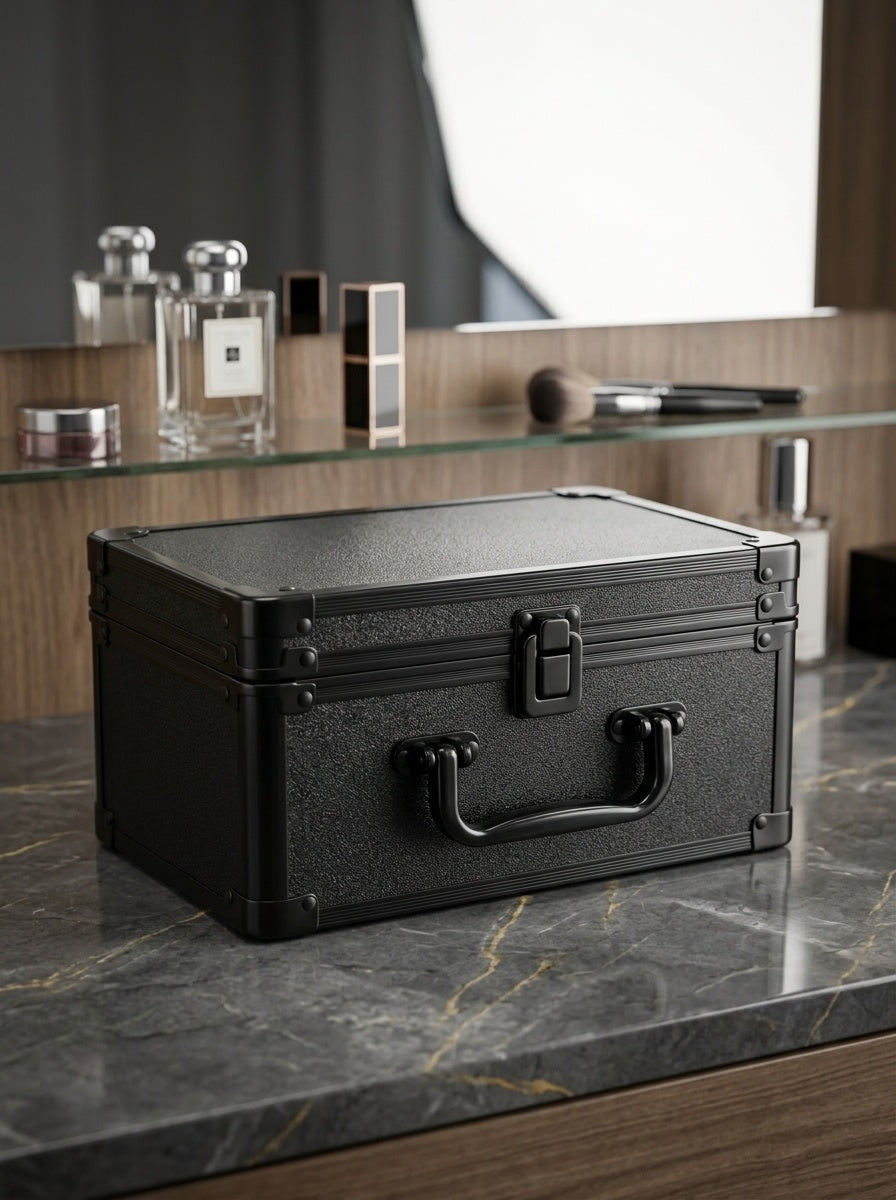 Black hard shell makeup train case with textured exterior and hinged lid