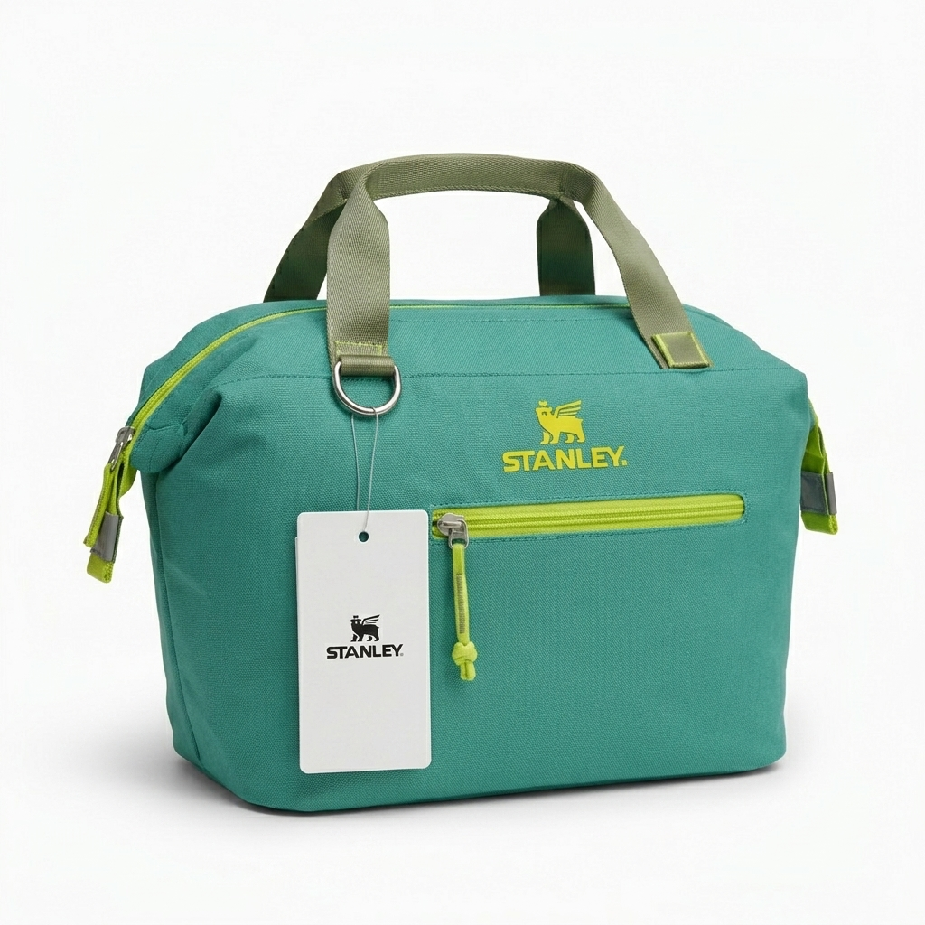 Insulated carry-all cooler bag, teal with lime zipper pocket and front zipper pull