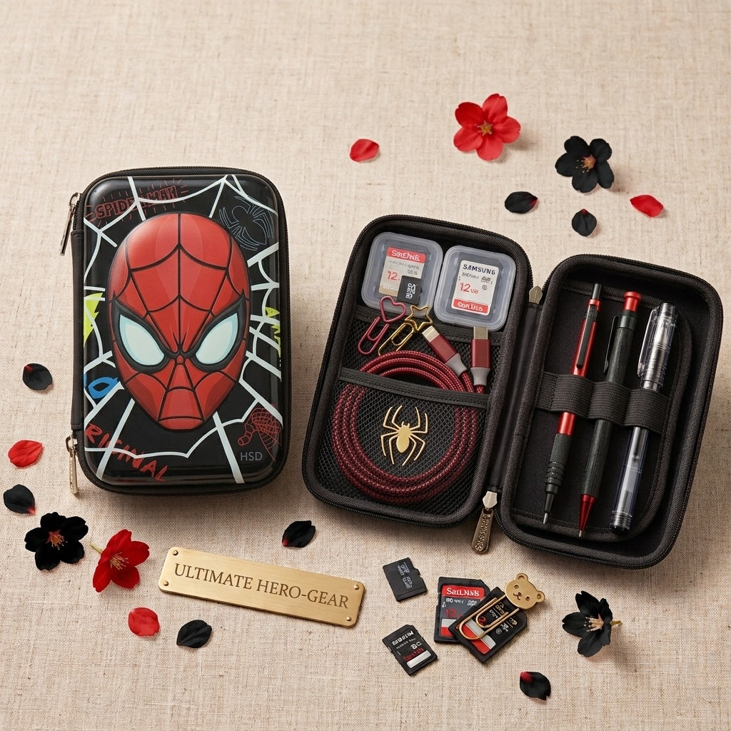 Black hardtop organizer case with open compartments and Spider-Man themed front panel