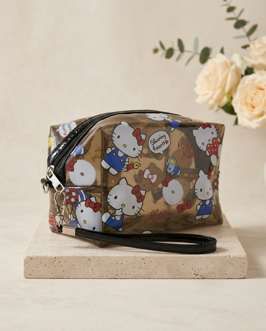Brown translucent cosmetic pouch with Hello Kitty character pattern and zipper