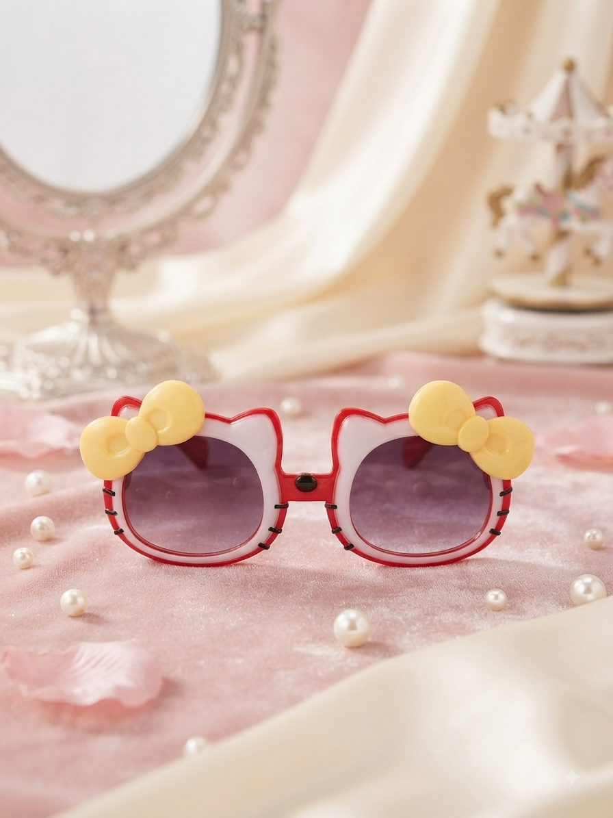 Kids cat-style sunglasses with dark lenses, red frame, and yellow bow accents