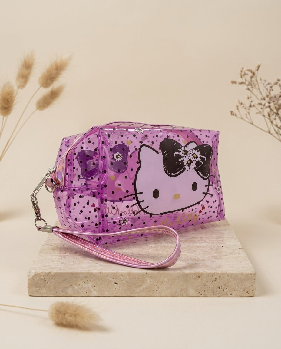 Purple translucent cosmetic pouch with Hello Kitty face and wristlet strap