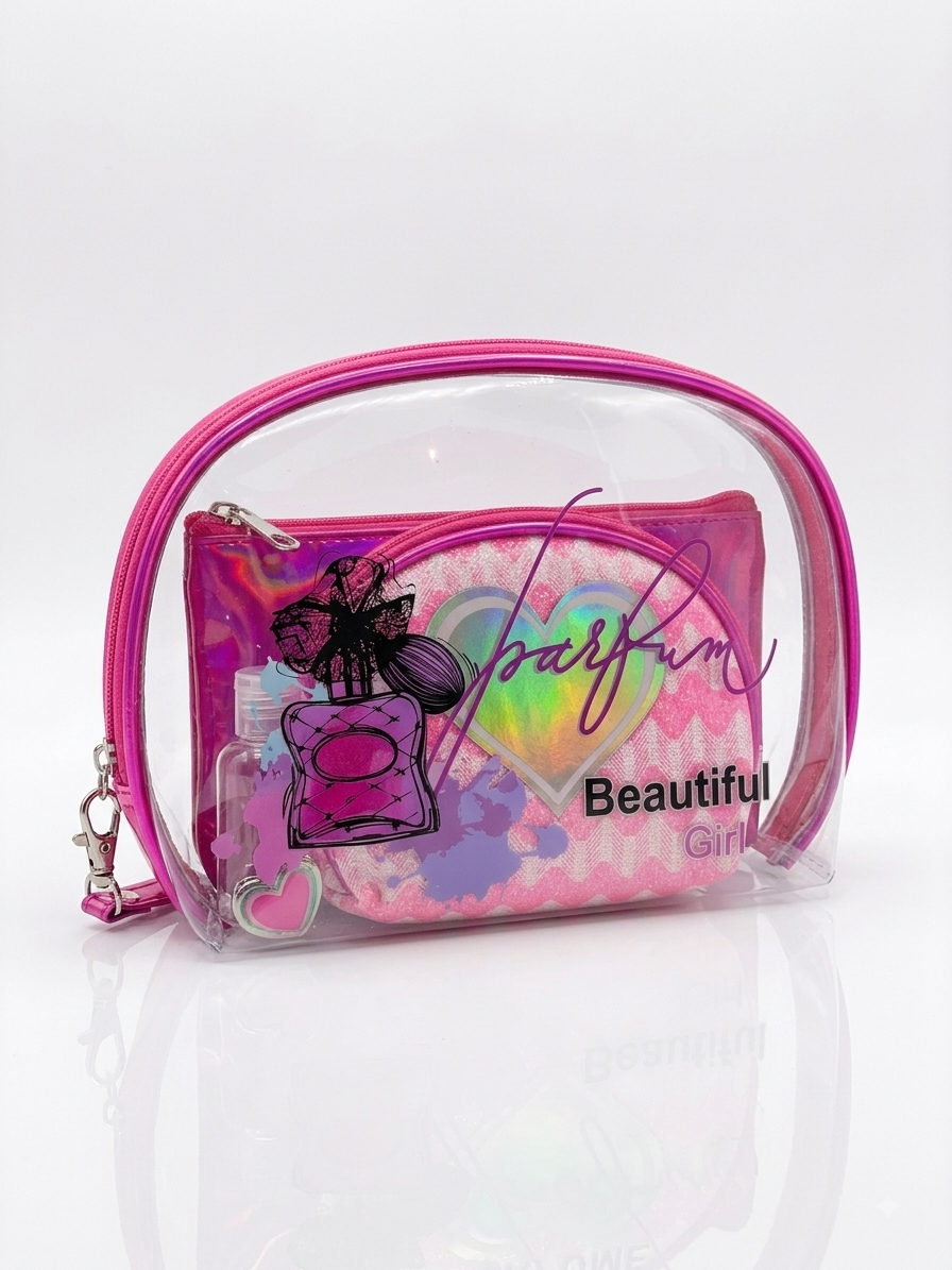 Pink transparent cosmetic pouch with iridescent trim, perfume print and heart graphic