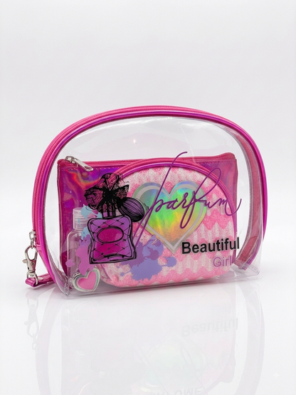 Pink transparent cosmetic pouch with iridescent trim, perfume print and heart graphic