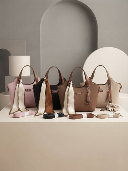 Structured top-handle bag set with scarf and tassel charms, four colors displayed