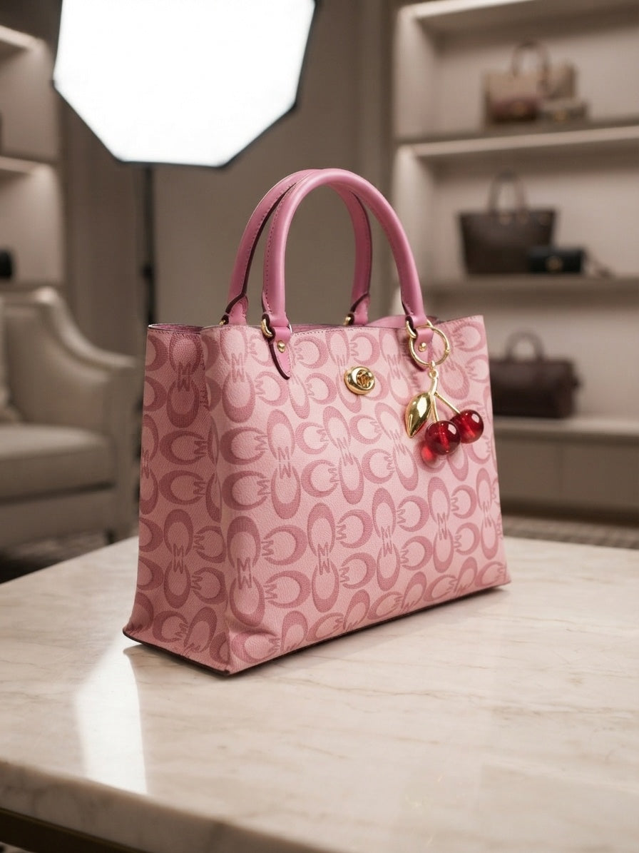 Structured pink tote with repeating print, pink handles, red cherry charm, gold-tone hardware