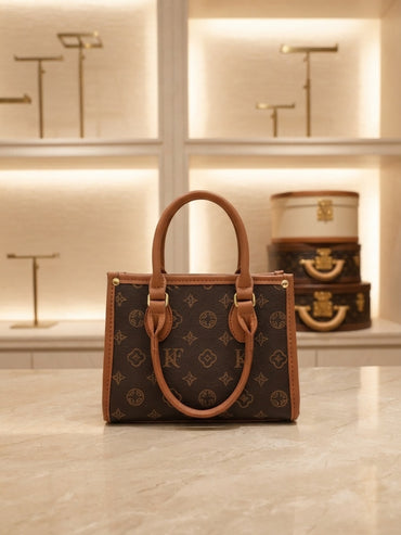 Structured monogram tote bag with oval top handles and flower charm