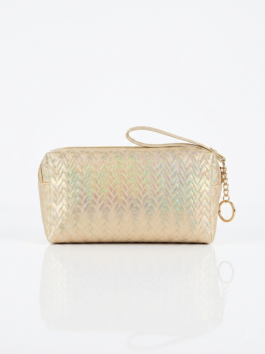 Iridescent woven makeup pouch in light gold with braided texture, top zipper and chain pull