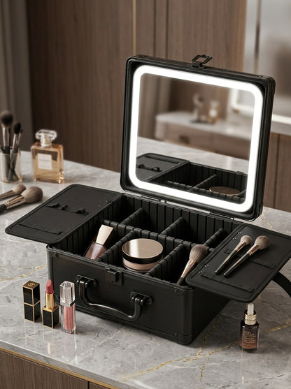 Black makeup train case open with LED mirror, brush slots, and compartment trays