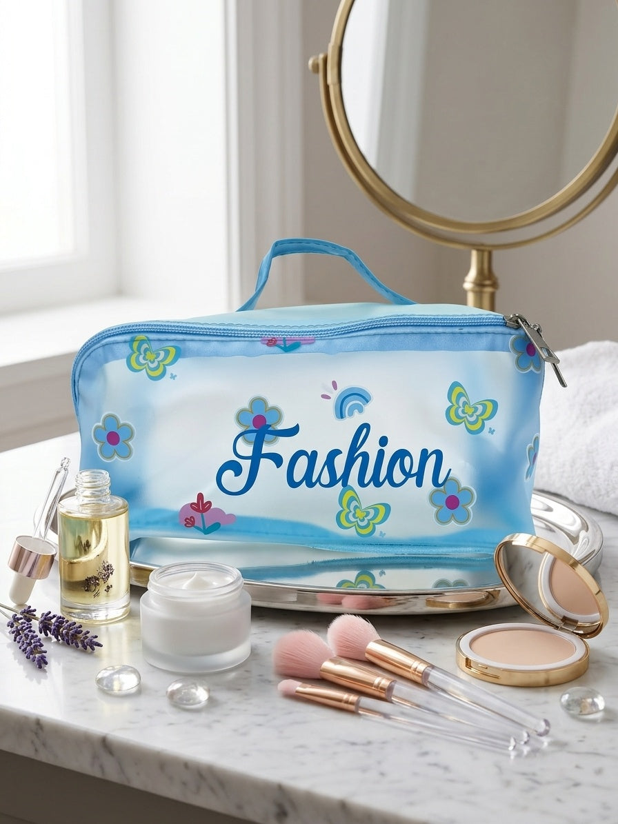 Blue transparent cosmetic bag with top handle, 'Fashion' print and floral icons