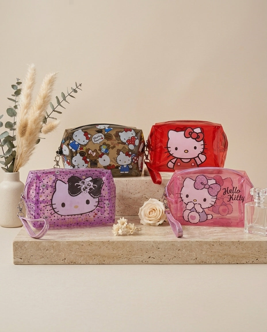 Hello Kitty translucent cosmetic pouch set in purple, red, and brown with wristlets