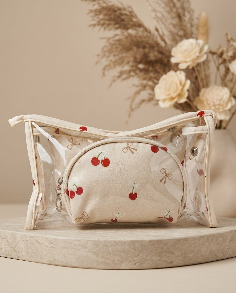Cream cherry-print cosmetic pouch set with round zip mini pouch and rectangular zip pouch