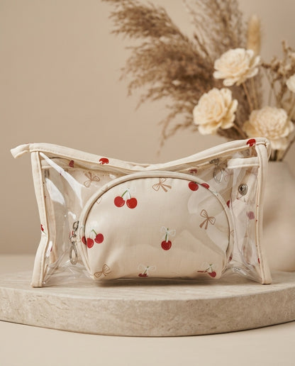 Cream cherry-print cosmetic pouch set with round zip mini pouch and rectangular zip pouch