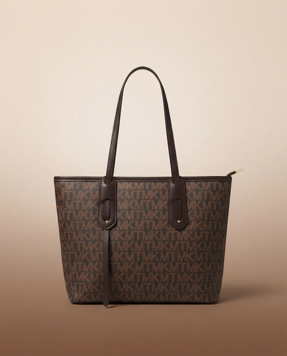 Structured tote bag with repeating logo print and dark shoulder handles