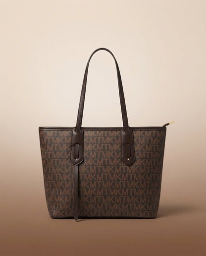 Structured tote bag with repeating logo print and dark shoulder handles