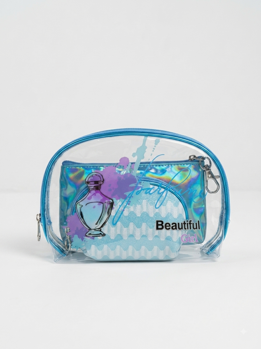 Blue transparent cosmetic pouch with iridescent finish, 'Beautiful' perfume graphic