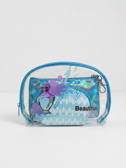 Blue transparent cosmetic pouch with iridescent finish, 'Beautiful' perfume graphic