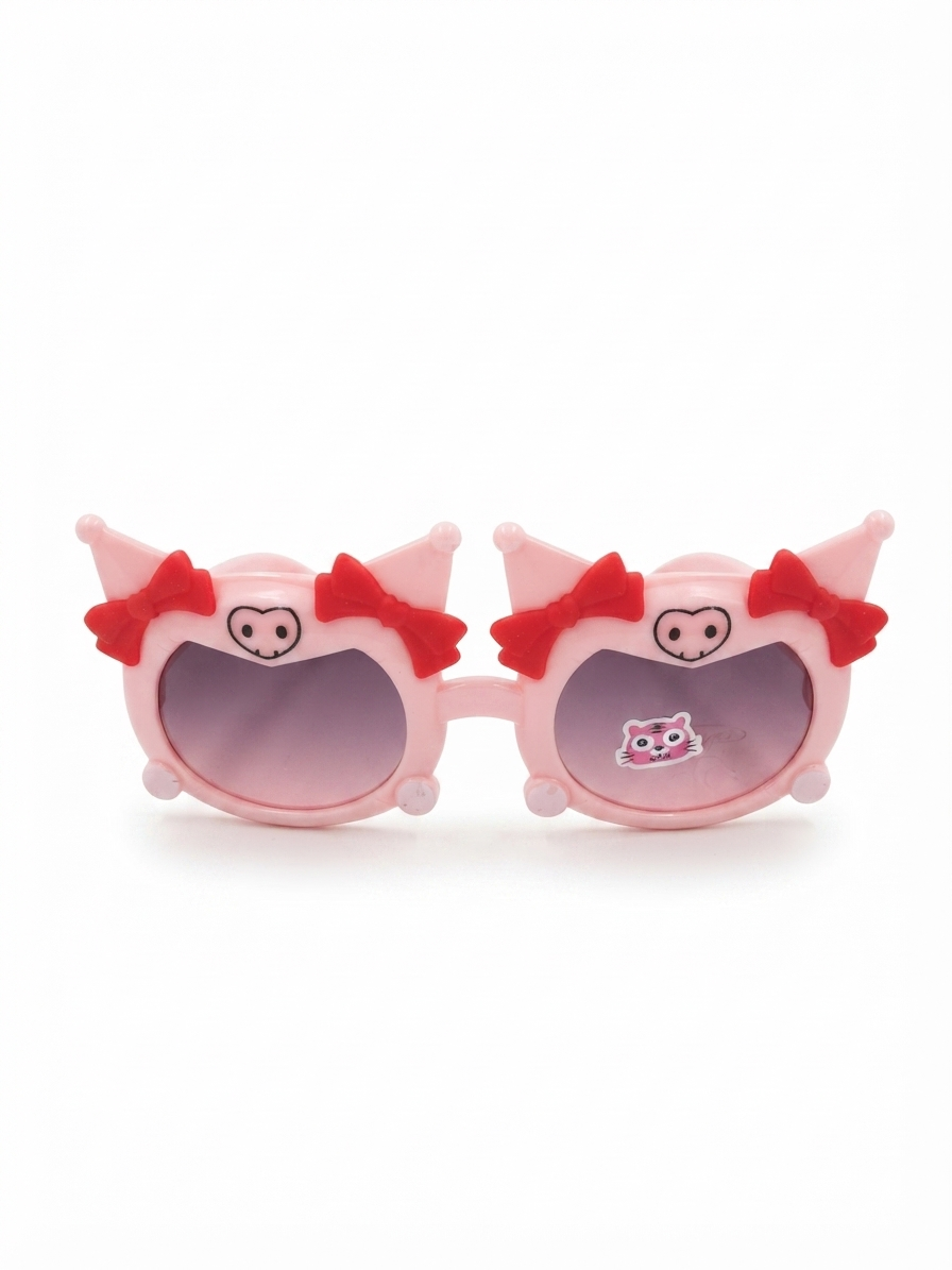 Kids round cat-ear sunglasses with red bow accents and light pink frames