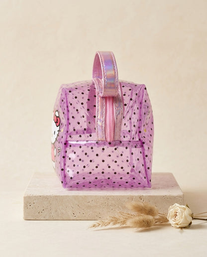 Purple translucent cosmetic pouch with Hello Kitty face, top handle, and wristlet strap
