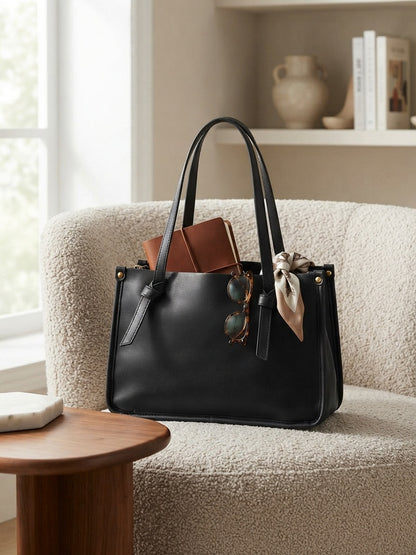 Knot-accent structured shoulder bag in black with bow detail, top handles, and gold hardware