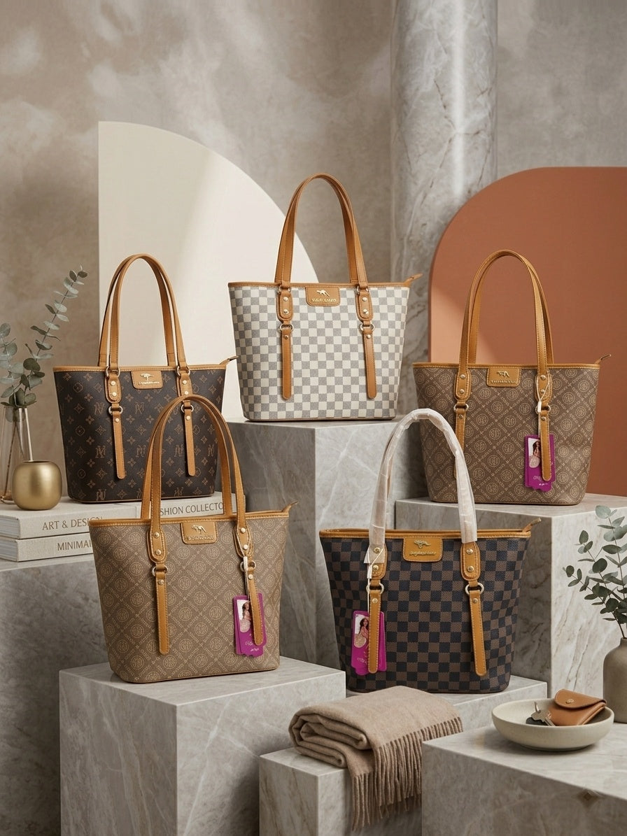 Five-piece tote bag collection with checkerboard and monogram styles, tan leather handles