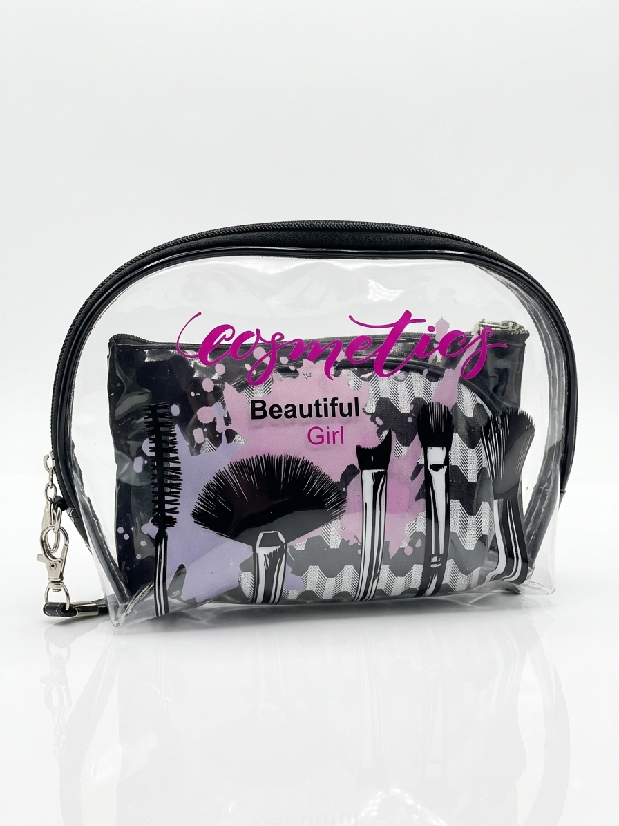 Transparent cosmetic pouch with pink 'cosmetics' and 'Beautiful Girl' print, black zipper