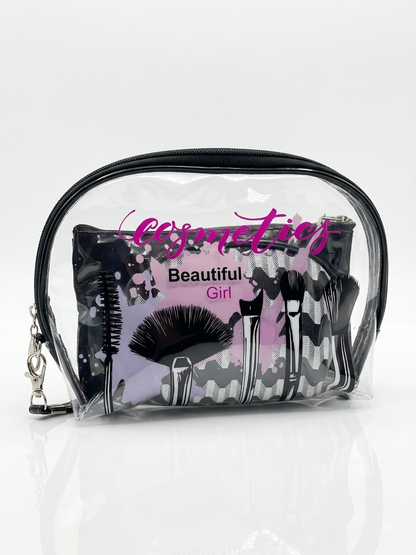 Transparent cosmetic pouch with pink 'cosmetics' and 'Beautiful Girl' print, black zipper