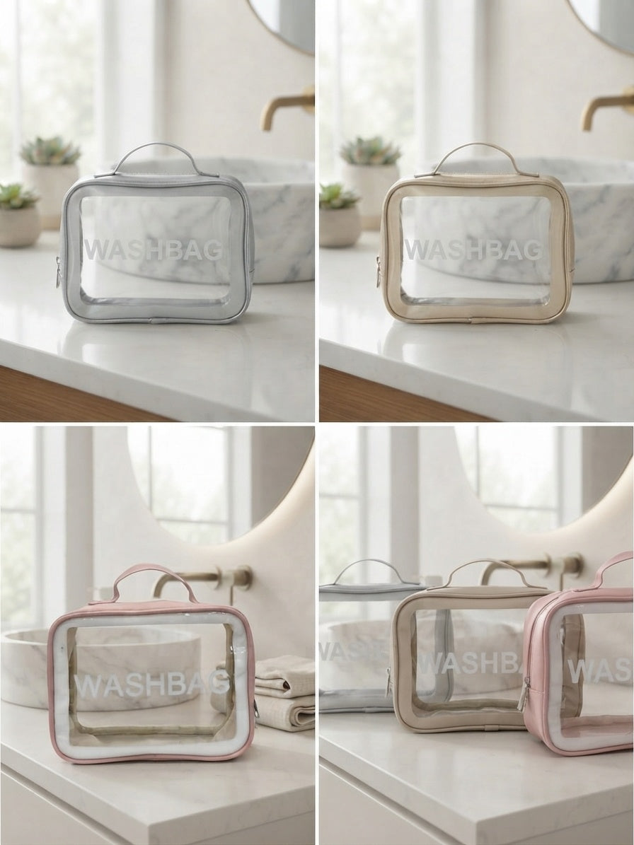 Transparent waterproof wash bag with handle shown in silver, beige, and pink